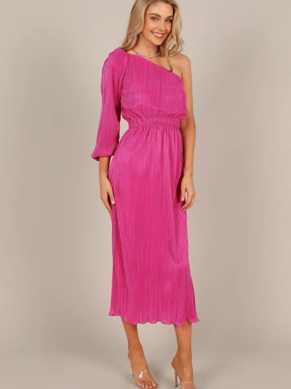 Petal & Pup One-Shoulder Hot Pink Midi Dress